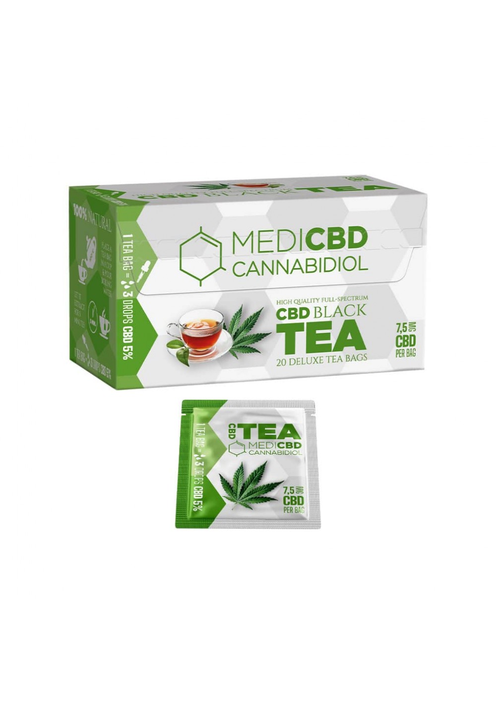Tè Nero alla Cannabis con 7.5mg CBD per bustina, 20 bustine, senza THC - MediCBD